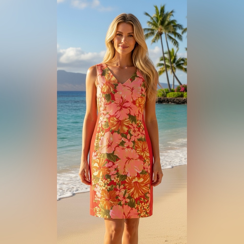 Tracy Feith Hawaiian Hibicus Orange Floral
V-neck Shift Sheath Dress Sz L Summer